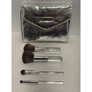 BareMinerals silver metallic travel makeup brushes set NEW